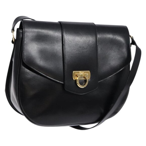 Authentic Salvatore Ferragamo Gancini Shoulder Bag Leather Black Gold
